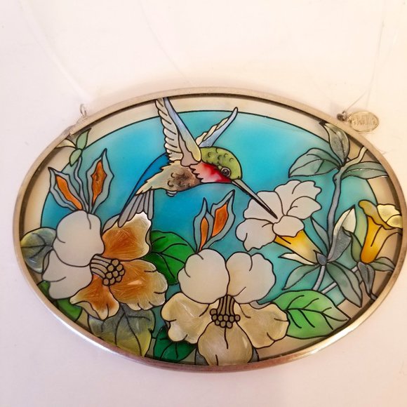 #1135B NWOT Amia Stained Glass Hummingbird Suncatcher in silverstone metal - Picture 1 of 6